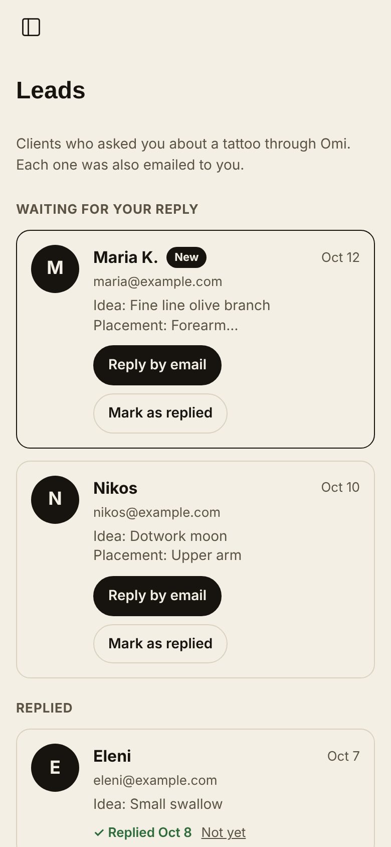 Leads: requests from clients with the idea, placement and size, and buttons to reply by email or mark as replied.