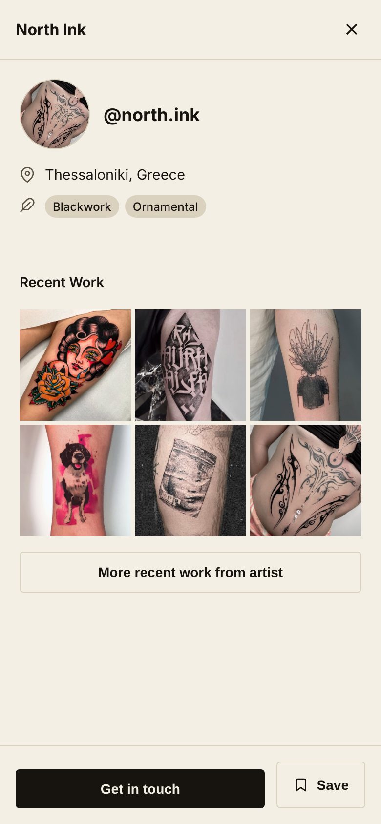 An artist's profile in Omi: their handle, city, styles and recent work.