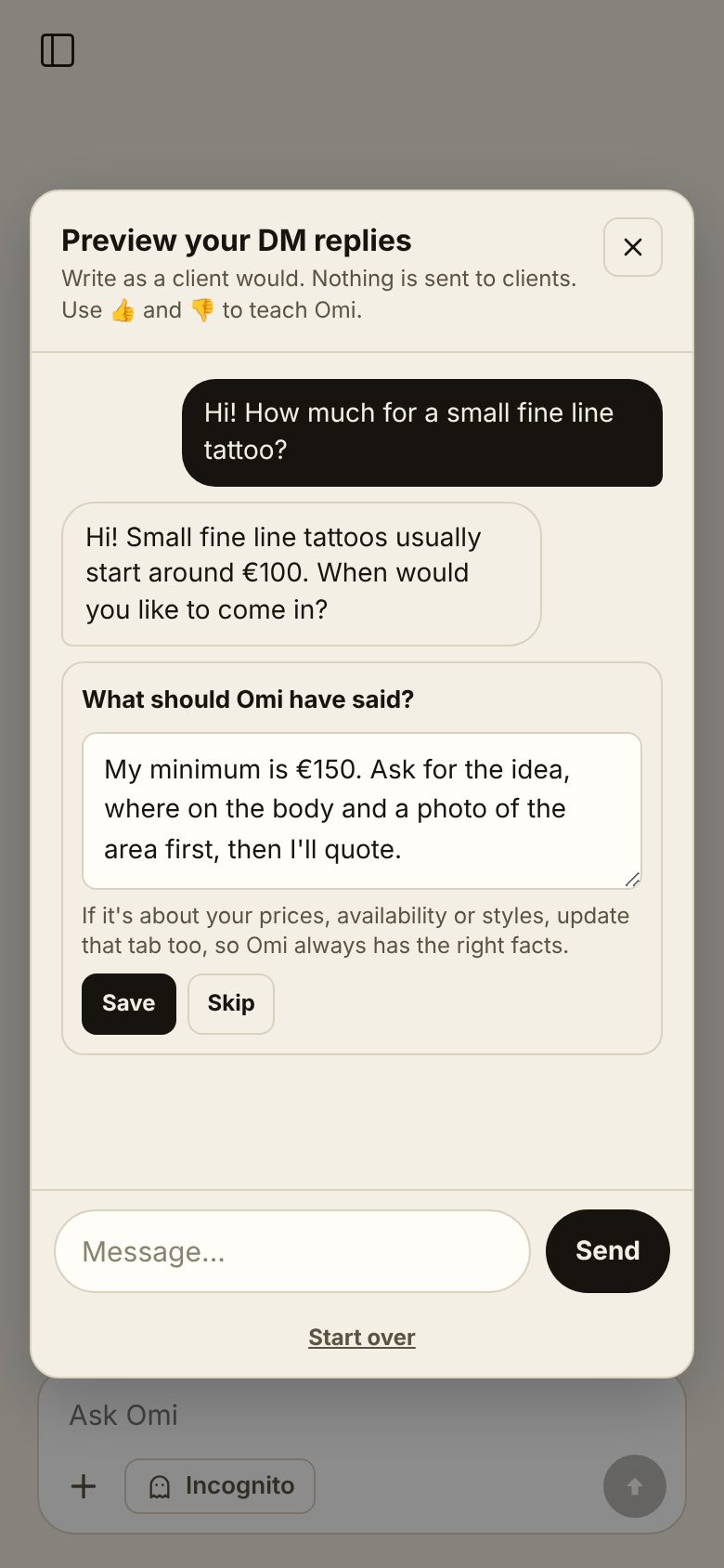 Preview your DM replies: Omi answers a price question, and the artist writes what Omi should have said instead.