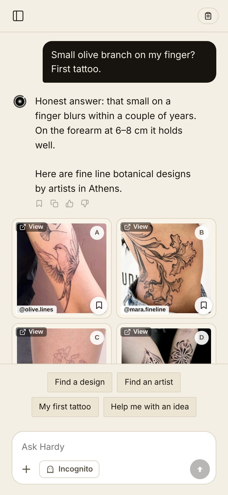 An Omi chat: an honest answer about a small finger tattoo, then fine line designs, each credited to its artist.