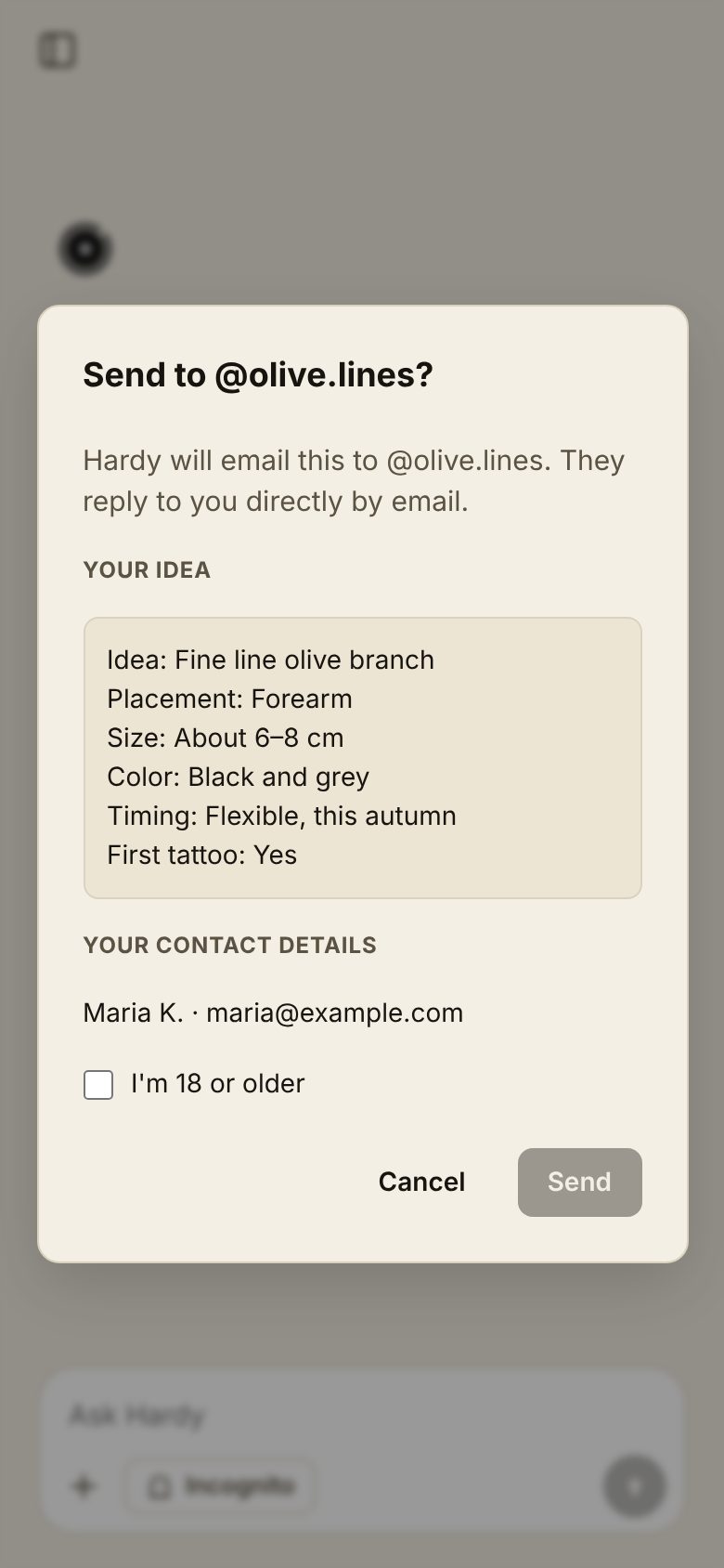 The request check: the idea, placement, size and timing, your contact details, and an I'm 18 or older box.