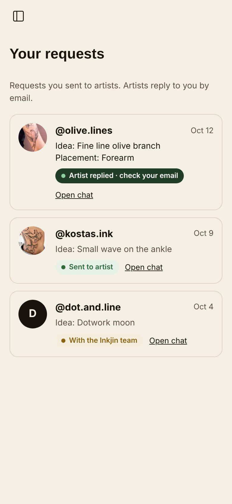 Your requests: each request with its artist and where it is, such as Artist replied or Sent to artist.
